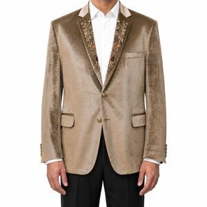 Mens 46R Gold Velvet Blazer Hand Embroidered Jeweled Lapel Wedding Tuxedo Groom